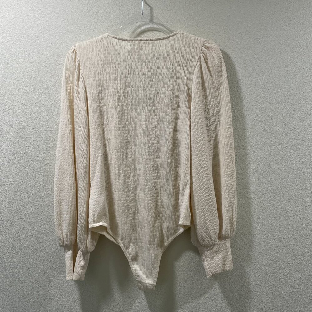 PROMESA Long Bishop Sleeve Body Suit V-Neck Waffle Knit Ivory Women L - Picture 4 of 12